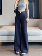 Quần jean ống rộng đứng cạp cao màu xanh đậm phong cách Retro QJ100240