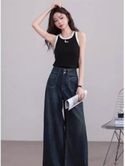 Quần jean ống rộng đứng cạp cao màu xanh đậm phong cách Vintage Retro QJ101240