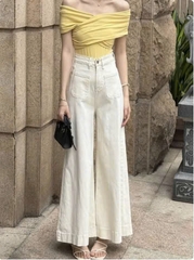 Quần jean ống rộng cạp cao phối túi trước phong cách Hàn Quốc QJ108240