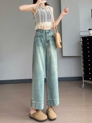 Quần jean ống rộng cạp cao thu đông phong cách Hàn Quốc QJ127240