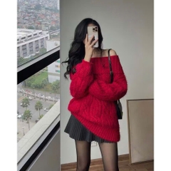 Áo Len lông thỏ thừng trễ vai tay dài màu đỏ Hottrend QC TD107240