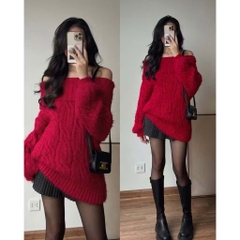 Áo Len lông thỏ thừng trễ vai tay dài màu đỏ Hottrend QC TD107240