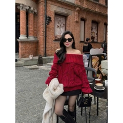 Áo Len lông thỏ thừng trễ vai tay dài màu đỏ Hottrend QC TD107240