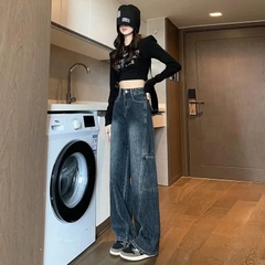 Quần jeans ống rộng công sở cổ điển nữ mùa thu 2024, thiết kế ống đứng Quảng Châu QJ062250