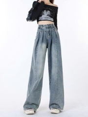 Quần jeans ống rộng cạp cao che hông phong cách retro Mỹ nữ mùa hè xếp ly Quảng Châu QJ063250
