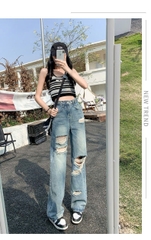 Quần jeans rách beggar nữ mùa hè 2024, mỏng nhẹ, cạp cao ôm sát Quảng Châu QJ065250