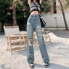 Quần jeans rách beggar nữ mùa hè 2024, mỏng nhẹ, cạp cao ôm sát Quảng Châu QJ065250