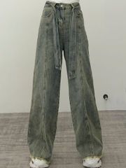 Quần jeans nữ retro đầu thu mới, ống rộng cạp cao ống đứng màu xám, kẻ viền tinh tế Quảng Châu QJ066250