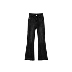 Quần jeans ống loe đen xám cổ điển cho nữ mùa xuân thu, phong cách Mỹ, cạp cao, ống rộng QJ067250