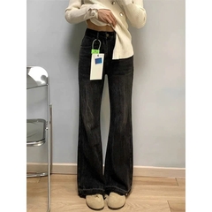 Quần jeans ống loe đen xám cổ điển cho nữ mùa xuân thu, phong cách Mỹ, cạp cao, ống rộng QJ067250