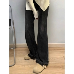 Quần jeans ống loe đen xám cổ điển cho nữ mùa xuân thu, phong cách Mỹ, cạp cao, ống rộng QJ067250