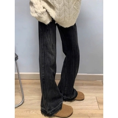 Quần jeans ống loe đen xám cổ điển cho nữ mùa xuân thu, phong cách Mỹ, cạp cao, ống rộng QJ067250
