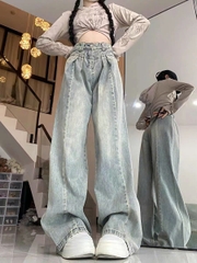 Quần jeans ống rộng cạp cao màu sáng cổ điển dành cho nữ 2024, thiết kế xếp ly mỏng thiết kế mới QJ068250