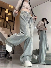 Quần jeans ống rộng cạp cao màu sáng cổ điển dành cho nữ 2024, thiết kế xếp ly mỏng thiết kế mới QJ068250