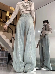 Quần jeans ống rộng cạp cao màu sáng cổ điển dành cho nữ 2024, thiết kế xếp ly mỏng thiết kế mới QJ068250