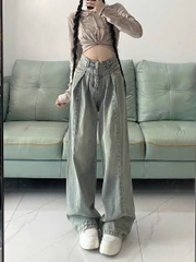Quần jeans ống rộng cạp cao màu sáng cổ điển dành cho nữ 2024, thiết kế xếp ly mỏng thiết kế mới QJ068250