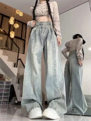 Quần jeans ống rộng cạp cao màu sáng cổ điển dành cho nữ 2024, thiết kế xếp ly mỏng thiết kế mới QJ068250