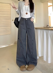 Quần jeans ống rộng cạp cao đi làm mùa xuân thu, thiết kế mới, màu xám thanh lịch, viền tinh tế QJ072250