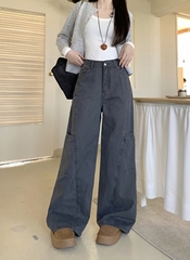 Quần jeans ống rộng cạp cao đi làm mùa xuân thu, thiết kế mới, màu xám thanh lịch, viền tinh tế QJ072250