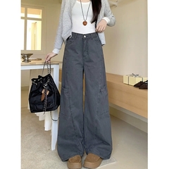Quần jeans ống rộng cạp cao đi làm mùa xuân thu, thiết kế mới, màu xám thanh lịch, viền tinh tế QJ072250