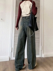 Quần jeans xám xi măng, xếp ly cỡ lớn, cạp cao, dáng rộng ôm, thời trang Quảng Châu QJ073250