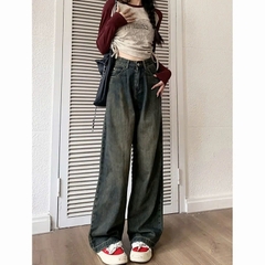 Quần jeans xám xi măng, xếp ly cỡ lớn, cạp cao, dáng rộng ôm, thời trang Quảng Châu QJ073250