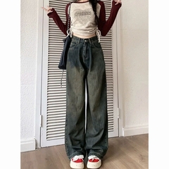 Quần jeans xám xi măng, xếp ly cỡ lớn, cạp cao, dáng rộng ôm, thời trang Quảng Châu QJ073250