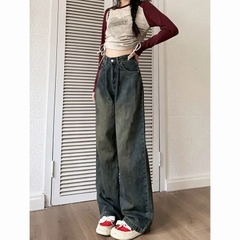 Quần jeans xám xi măng, xếp ly cỡ lớn, cạp cao, dáng rộng ôm, thời trang Quảng Châu QJ073250
