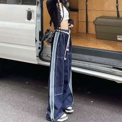 Quần jeans cạp chun, ống rộng cạp cao màu xanh phối viền sọc, thời trang QJ087250