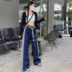 Quần jeans cạp chun, ống rộng cạp cao màu xanh phối viền sọc, thời trang QJ087250