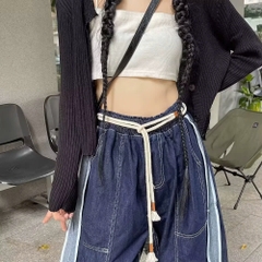 Quần jeans cạp chun, ống rộng cạp cao màu xanh phối viền sọc, thời trang QJ087250