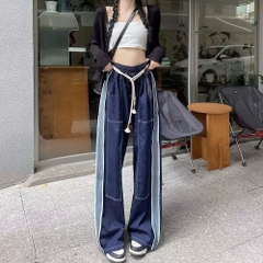 Quần jeans cạp chun, ống rộng cạp cao màu xanh phối viền sọc, thời trang QJ087250