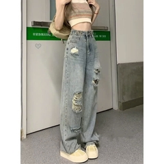 Quần jeans ống rộng cạp cao ống đứng rách gối, phong cách trẻ trung, thời trang QJ090250
