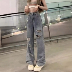 Quần jeans ống rộng cạp cao ống đứng rách gối, phong cách trẻ trung, thời trang QJ090250