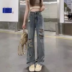 Quần jeans ống rộng cạp cao ống đứng rách gối, phong cách trẻ trung, thời trang QJ090250