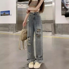 Quần jeans ống rộng cạp cao ống đứng rách gối, phong cách trẻ trung, thời trang QJ090250