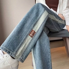 Quần jeans ống suông màu xanh viền xám, cạp cao, phong cách thời trang, thoải mái QJ100250