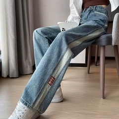 Quần jeans ống suông màu xanh viền xám, cạp cao, phong cách thời trang, thoải mái QJ100250