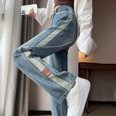 Quần jeans ống suông màu xanh viền xám, cạp cao, phong cách thời trang, thoải mái QJ100250