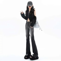 Quần jeans ống loe phong cách đường phố cạp cao co giãn, màu xám tua rua cao cấp QJ101250