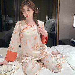 Bộ đồ ngủ phong cách dân tộc Trung Quốc nữ lụa băng cỡ lớn, mỏng nhẹ, rộng rãi DN117250