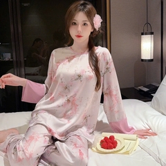 Bộ đồ ngủ phong cách dân tộc Trung Quốc nữ lụa băng cỡ lớn, mỏng nhẹ, rộng rãi DN117250