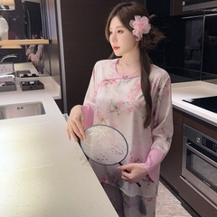Bộ đồ ngủ phong cách dân tộc Trung Quốc nữ lụa băng cỡ lớn, mỏng nhẹ, rộng rãi DN117250