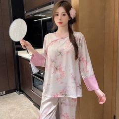Bộ đồ ngủ phong cách dân tộc Trung Quốc nữ lụa băng cỡ lớn, mỏng nhẹ, rộng rãi DN117250