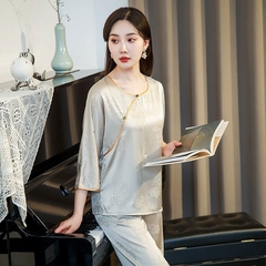 Bộ đồ ngủ lụa băng phong cách Trung Hoa màu vàng mỏng, jacquard cao cấp, kiểu dáng retro DN118250