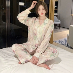 Bộ đồ ngủ phong cách Trung Quốc lụa băng tay dàI, cao cấp, mùa hè, nút cổ điển DN124250