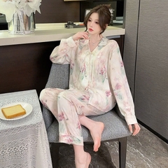 Bộ đồ ngủ phong cách Trung Quốc lụa băng tay dàI, cao cấp, mùa hè, nút cổ điển DN124250