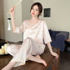 Bộ đồ ngủ phong cách Trung Hoa, in hình lá tre, cao cấp, phong cách cổ điển DN127250
