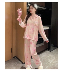 Bộ đồ ngủ lụa băng cao cấp, quần dài cổ V tay dài, thanh lịch, thoải mái DN136250