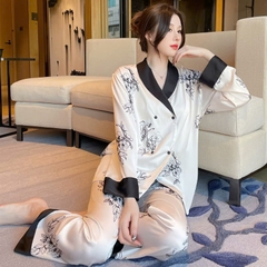 Bộ đồ ngủ áo len cardigan dài tay bằng lụa băng, phong cách Pháp cổ điển DN142250